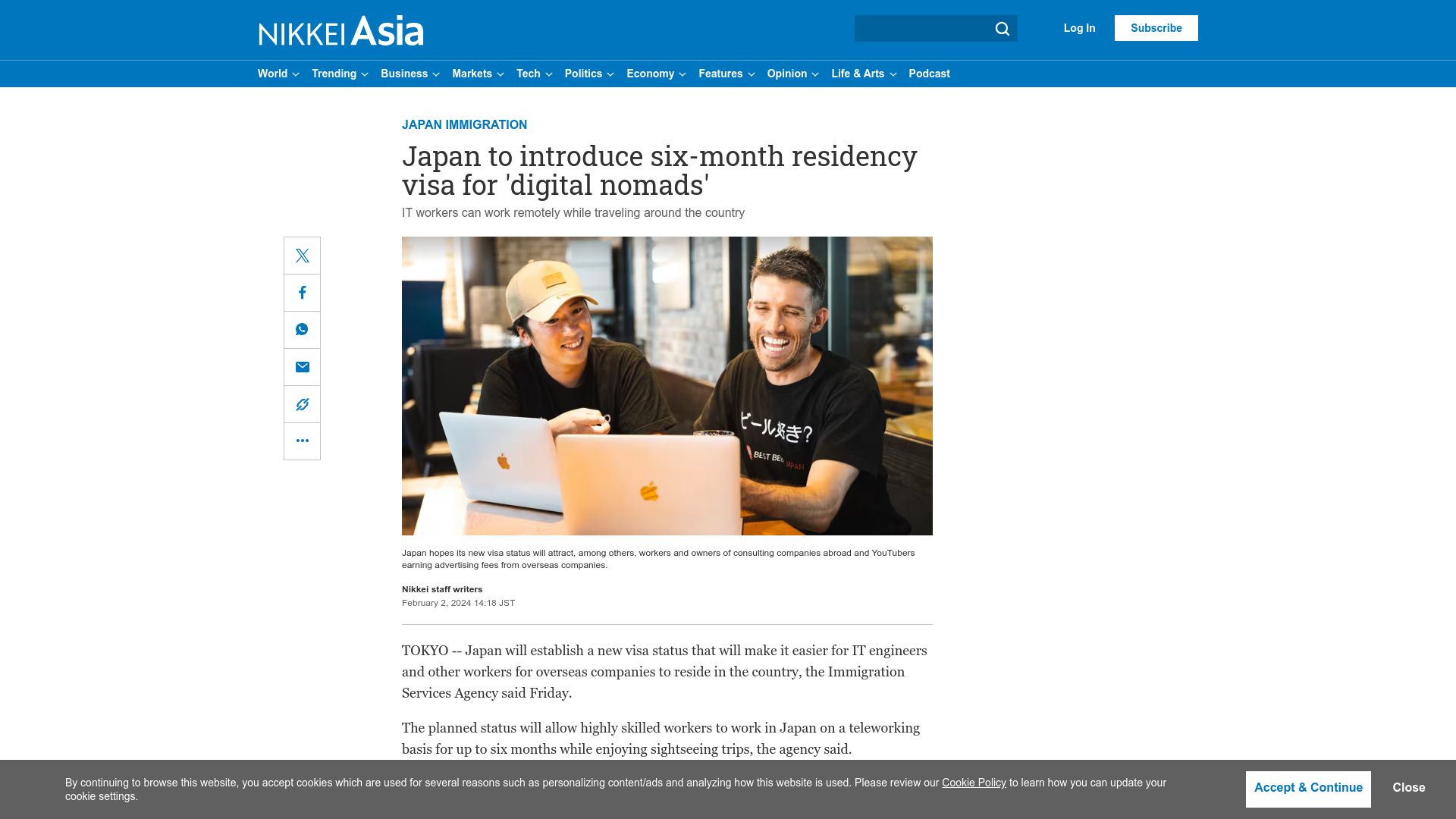 Screenshot of asia.nikkei.com: Japan to introduce six-month residency visa for 'digital nomads'
