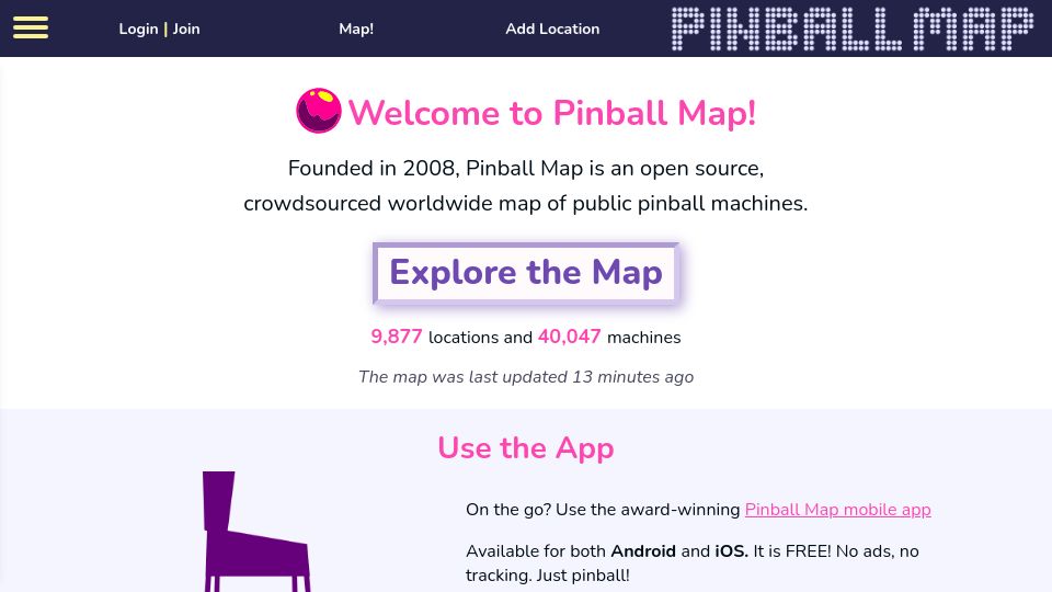 Screenshot of pinballmap.com: Pinball Map: Crowd-sourced worldwide map of public pinball machines