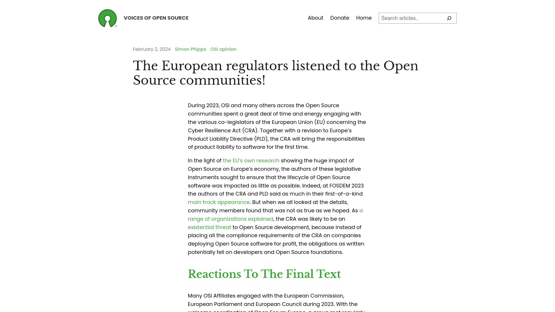 Screenshot of blog.opensource.org: The European regulators listened to the Open Source communities