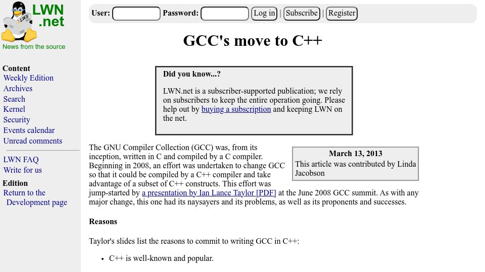 Screenshot of lwn.net: GCC's Move to C++ (2013)