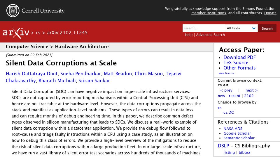 Screenshot of arxiv.org: Silent data corruptions at scale (2021)
