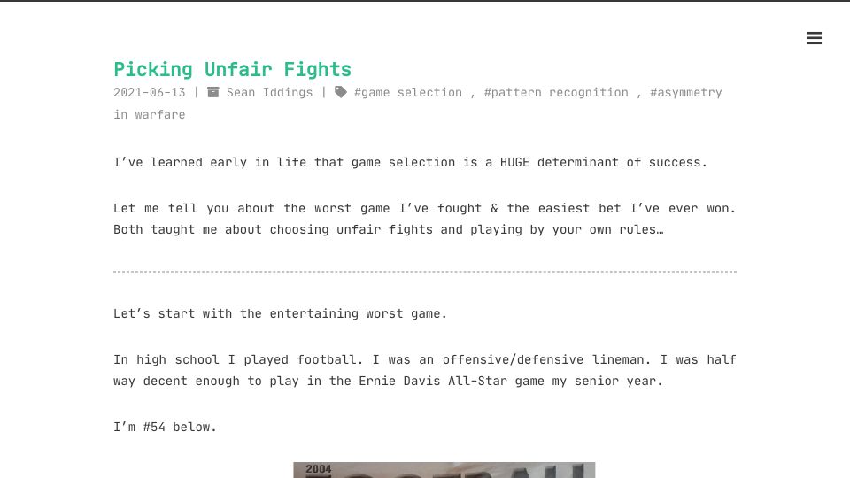 Screenshot of thewoodshedd.com: Picking Unfair Fights (2021)
