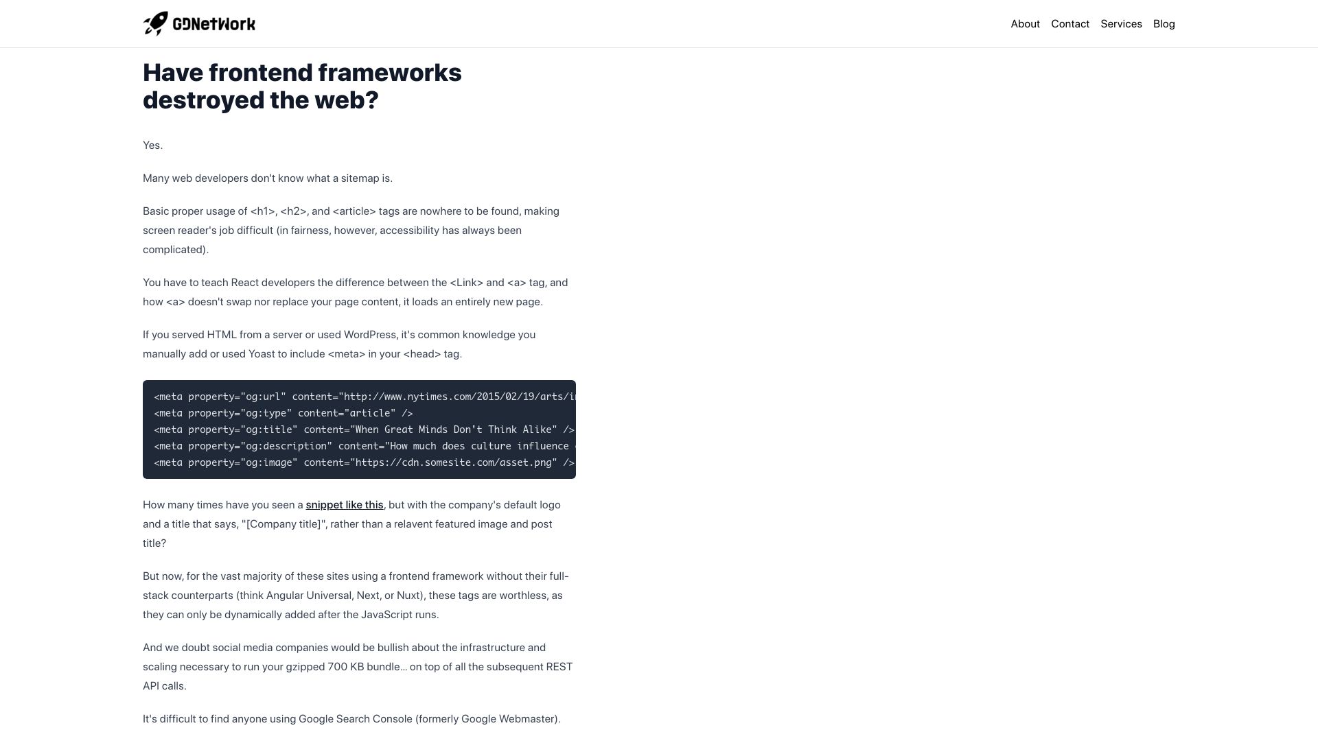 Screenshot of gdnetwork.co: Have front end frameworks destroyed the web?