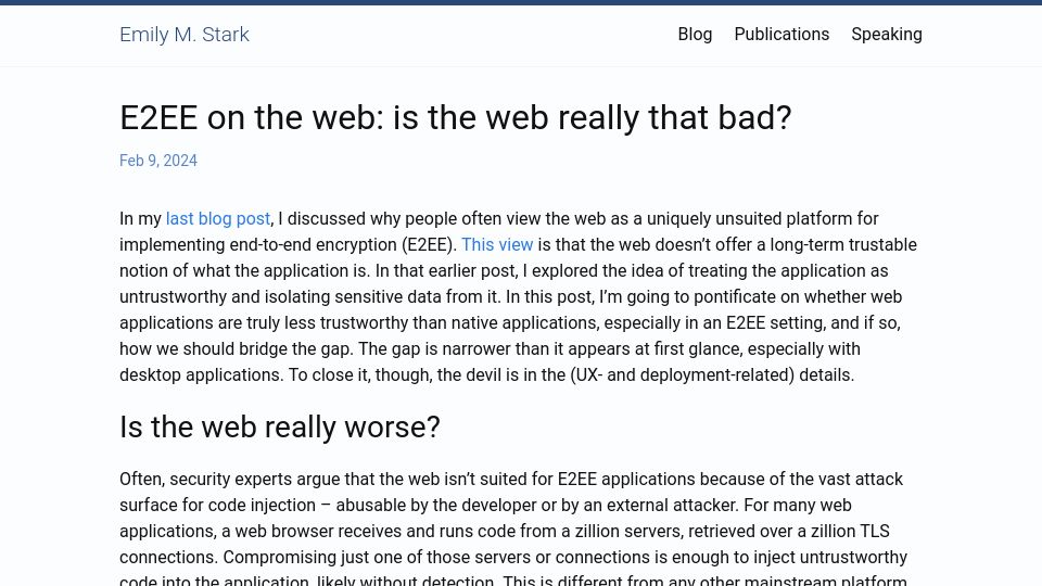 Screenshot of emilymstark.com: E2EE on the web: is the web that bad?