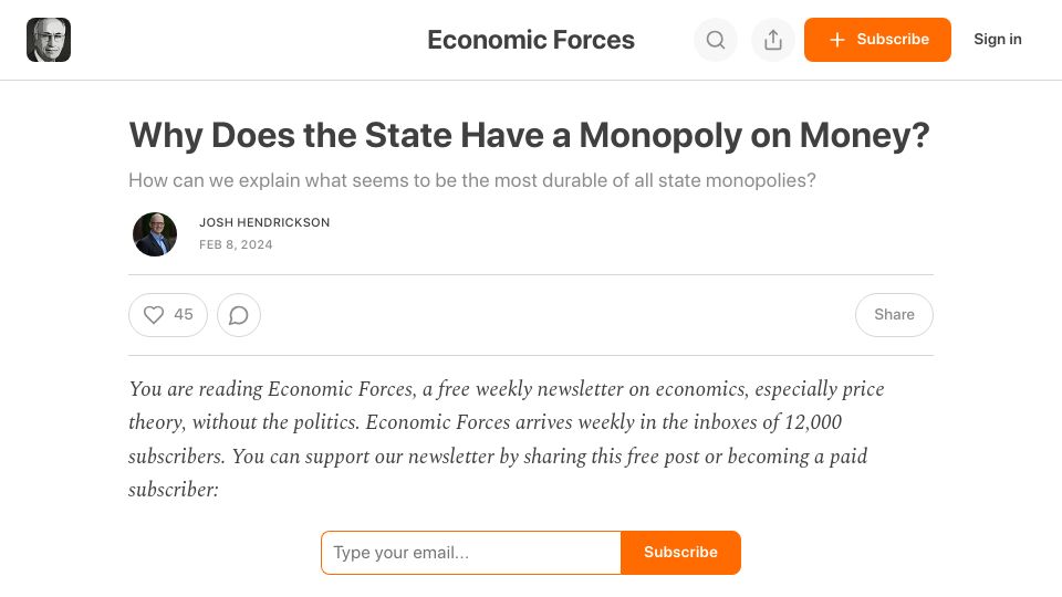Screenshot of economicforces.xyz: Why Does the State Have a Monopoly on Money?