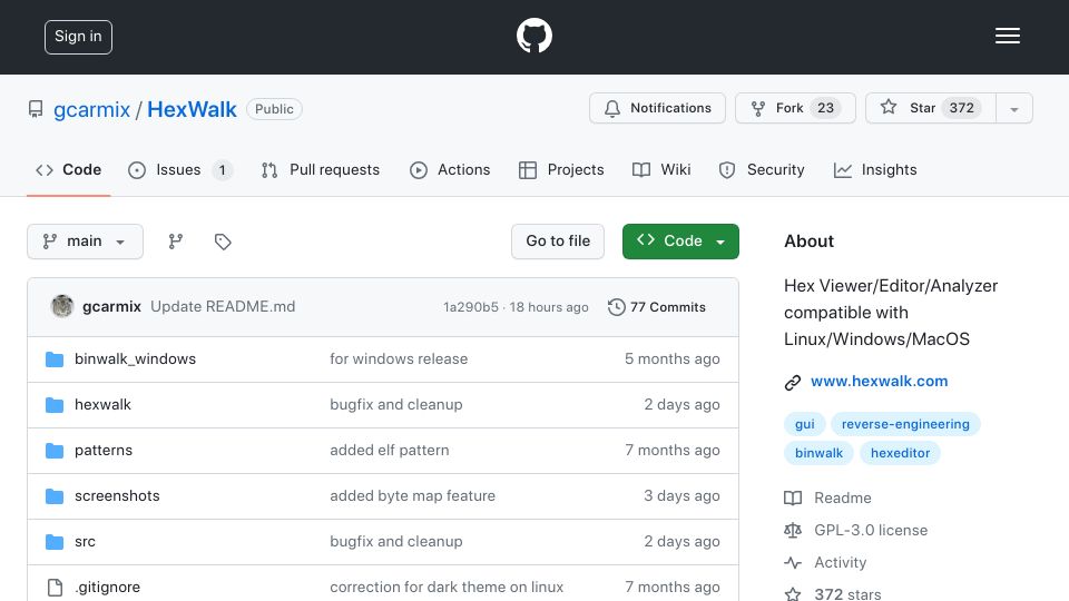 Screenshot of github.com: HexWalk – Hex Editor/Viewer/Analyzer