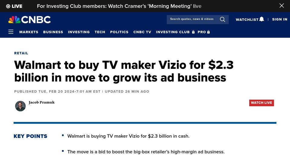 Screenshot of cnbc.com: Walmart to buy TV maker Vizio for $2.3B