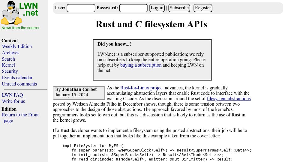Screenshot of lwn.net: LKML discusses merging Rust access to filesystem APIs