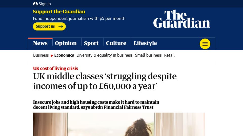 Screenshot of theguardian.com: UK middle classes 'struggling despite incomes of up to £60k a year'