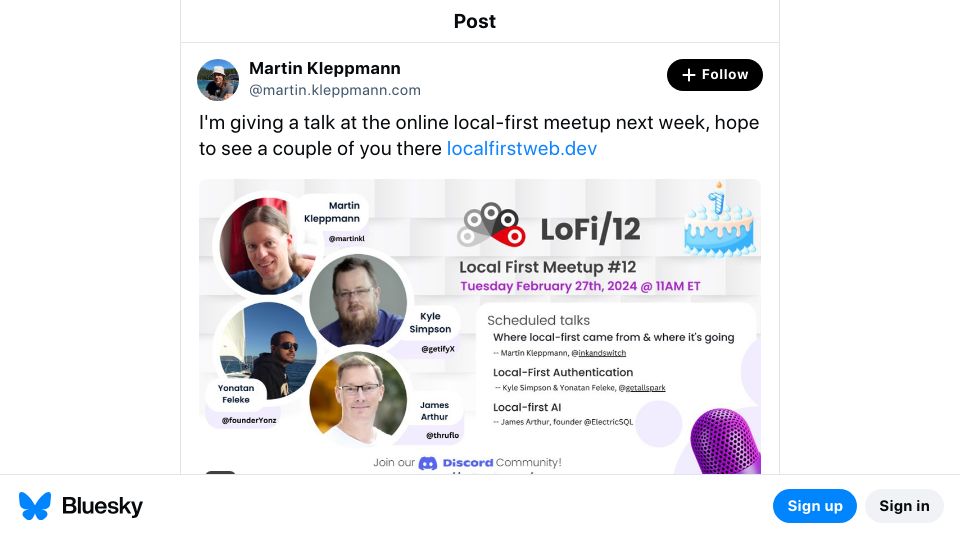 Screenshot of bsky.app: Martin Kleppmann talk on local-first (LoFi)