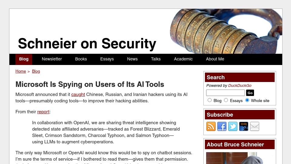 Screenshot of schneier.com: Microsoft Is Spying on Users of Its AI Tools