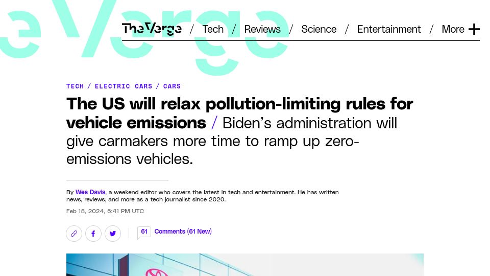Screenshot of theverge.com: US will relax pollution-limiting rules for vehicle emissions