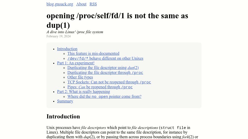 Screenshot of blog.gnoack.org: Opening /proc/self/fd/1 is not the same as dup(1)