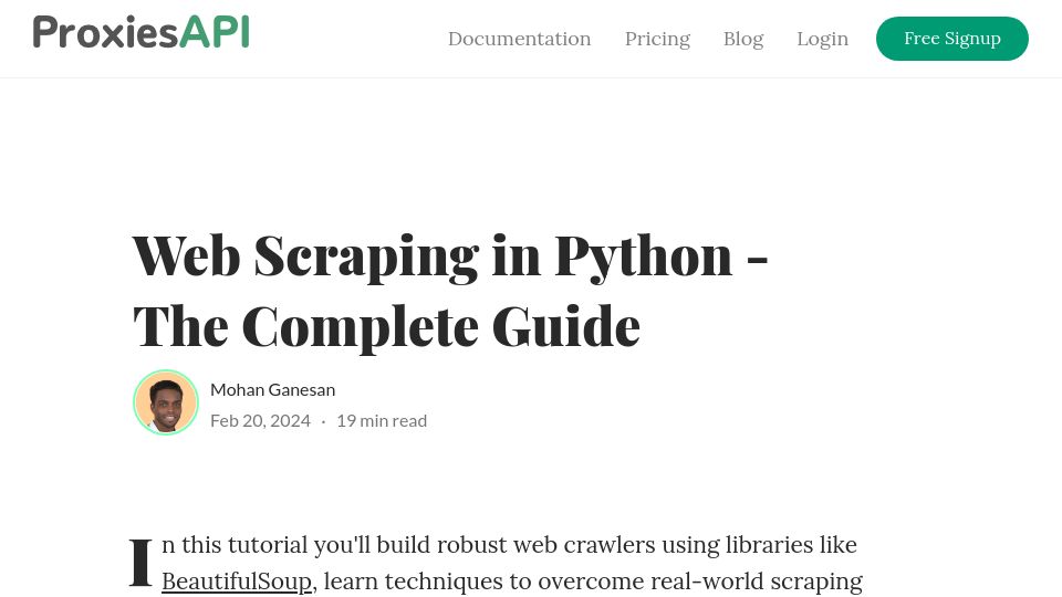 Screenshot of proxiesapi.com: Web Scraping in Python – The Complete Guide