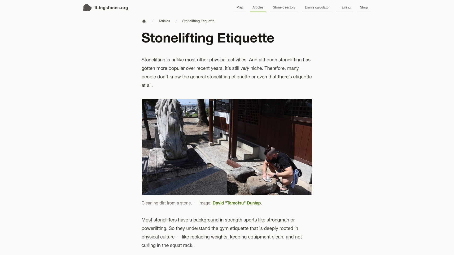 Screenshot of liftingstones.org: Stonelifting Etiquette