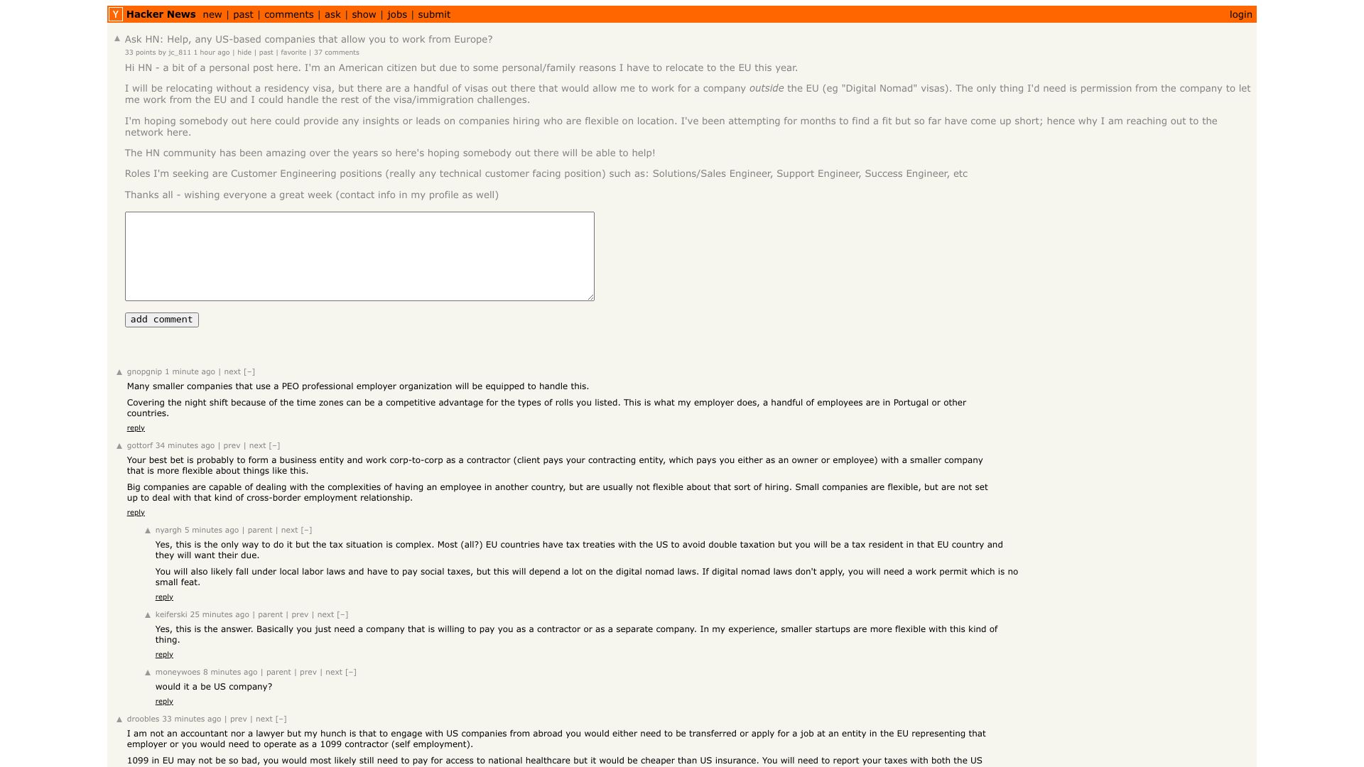 Screenshot of this Hacker News post: Ask HN: Help, any US-based companies that allow you to work from Europe?