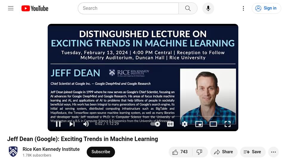 Screenshot of youtube.com: Jeff Dean: Trends in Machine Learning [video]