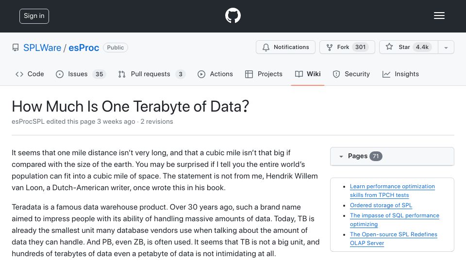 Screenshot of github.com: How much is one terabyte of data?