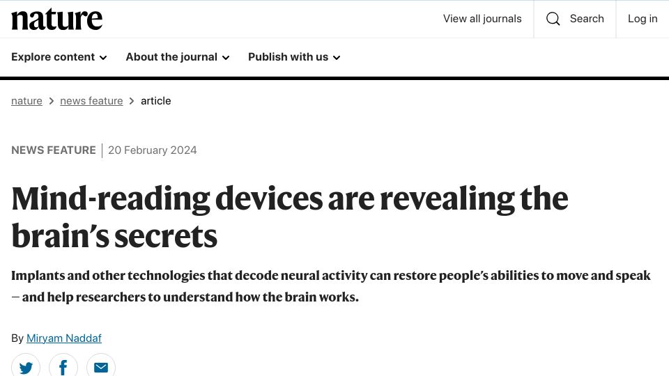 Screenshot of nature.com: Implants and other technologies that decode neural activity