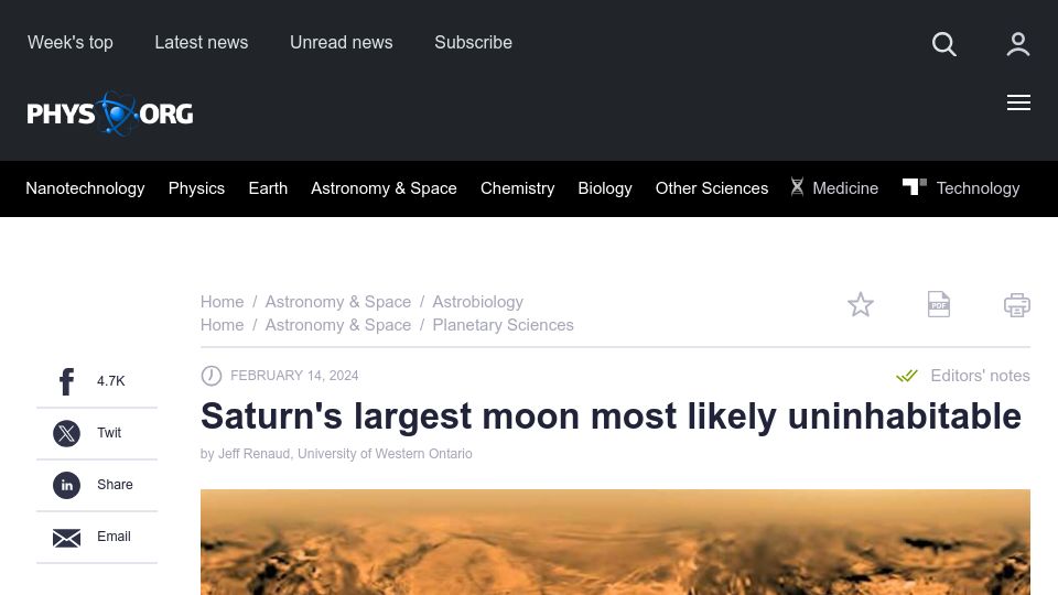 Screenshot of phys.org: Saturn's largest moon most likely uninhabitable