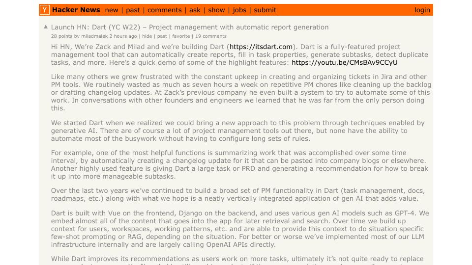 Screenshot of Hacker News post: Launch HN: Dart (YC W22) – Project management with automatic report generation
