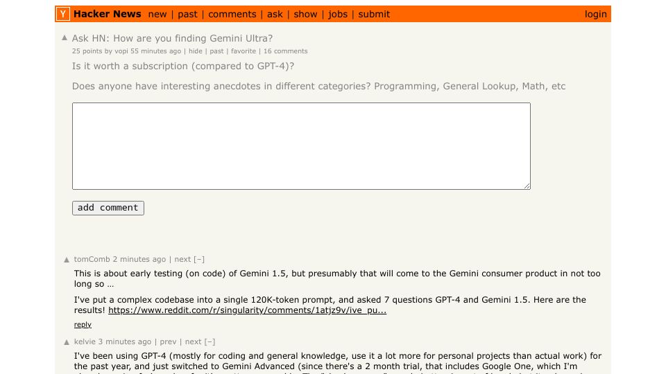 Screenshot of Hacker News post: Ask HN: How are you finding Gemini Ultra?