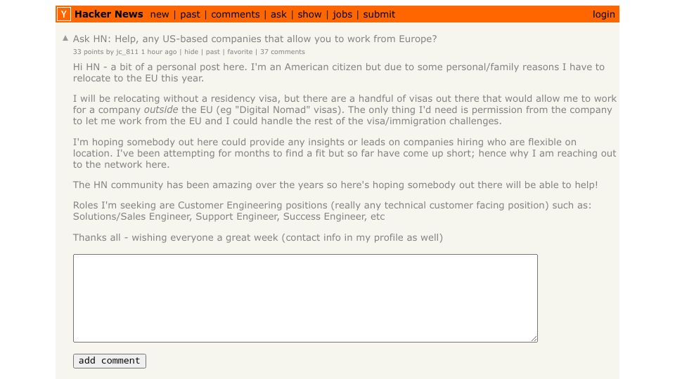 Screenshot of Hacker News post: Ask HN: Help, any US-based companies that allow you to work from Europe?