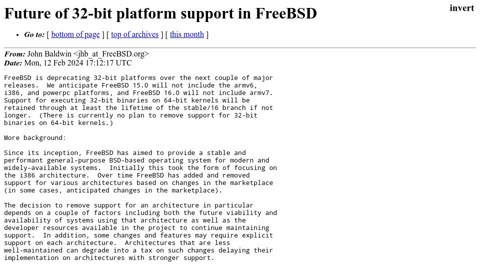 Screenshot of lists.freebsd.org: Future of 32-bit platform support in FreeBSD