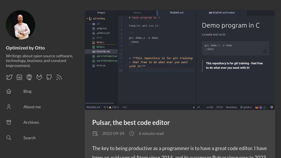 Screenshot of optimizedbyotto.com: Pulsar, the best code editor since Atom