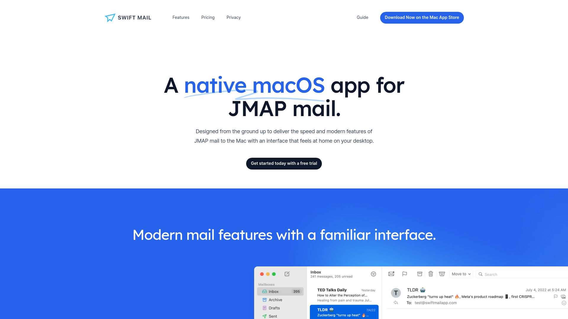 Screenshot of swiftmail.io: Show HN: Swift Mail. Fastmail's modern mail standard delivered natively on macOS