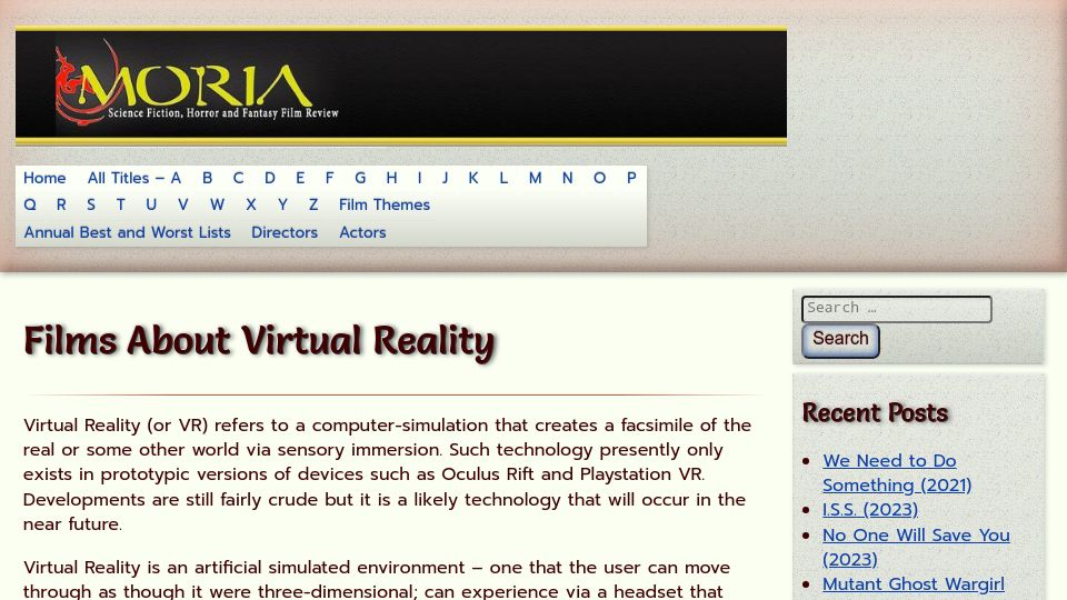 Screenshot of moriareviews.com: Films about virtual reality