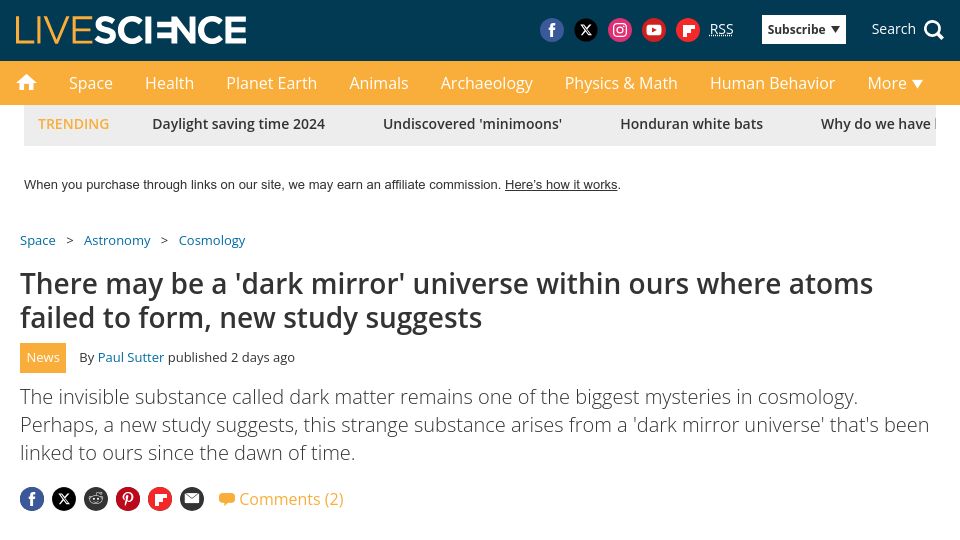 Screenshot of livescience.com: Study suggests a 'dark mirror' universe within ours where atoms failed to form