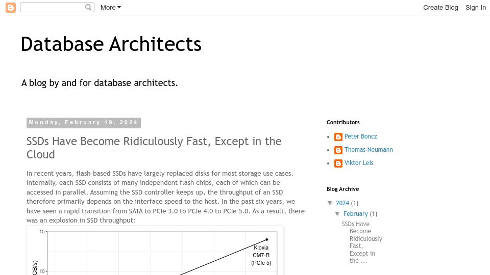 Screenshot of databasearchitects.blogspot.com: SSDs have become fast, except in the cloud