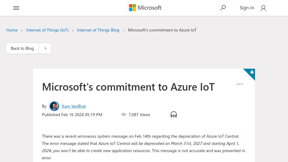 Screenshot of techcommunity.microsoft.com: Microsoft's Commitment to Azure IoT