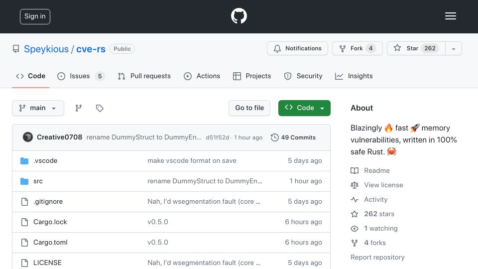 Screenshot of github.com: Cve-rs: Fast memory vulnerabilities, written in safe Rust