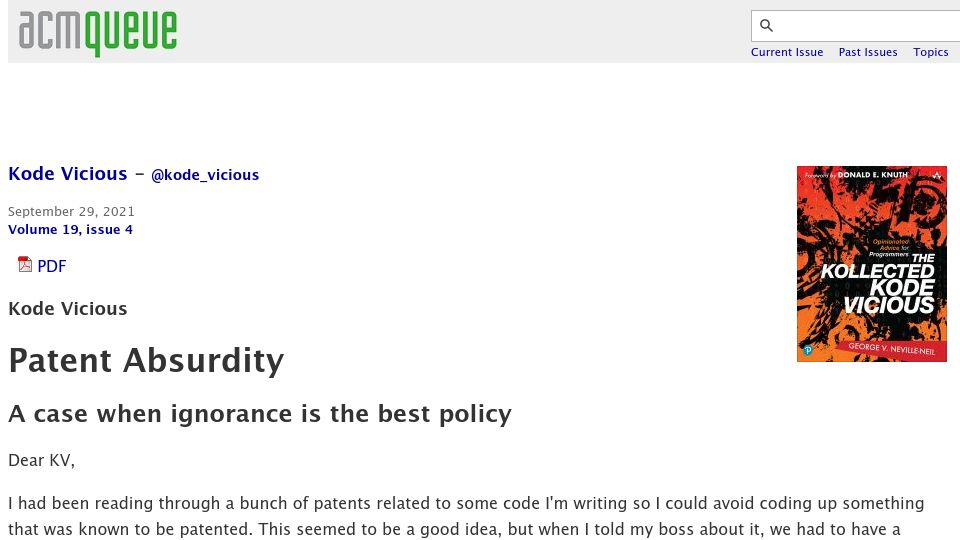 Screenshot of queue.acm.org: Patent Absurdity (2021)