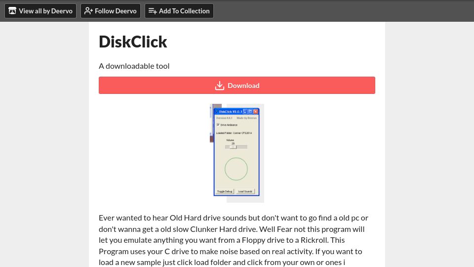 Screenshot of deervo.itch.io: DiskClick: Ever wanted to hear old hard drive sounds