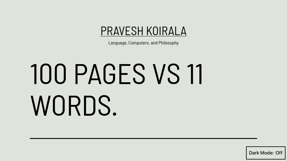 Screenshot of praveshkoirala.com: Hundred Pages vs. 11 Words