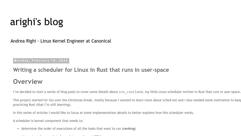 Screenshot of arighi.blogspot.com: Writing a scheduler for Linux in Rust that runs in user-space
