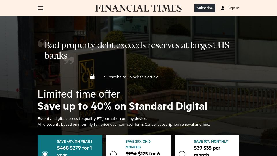 Screenshot of ft.com: Bad property debt exceeds reserves at largest US banks