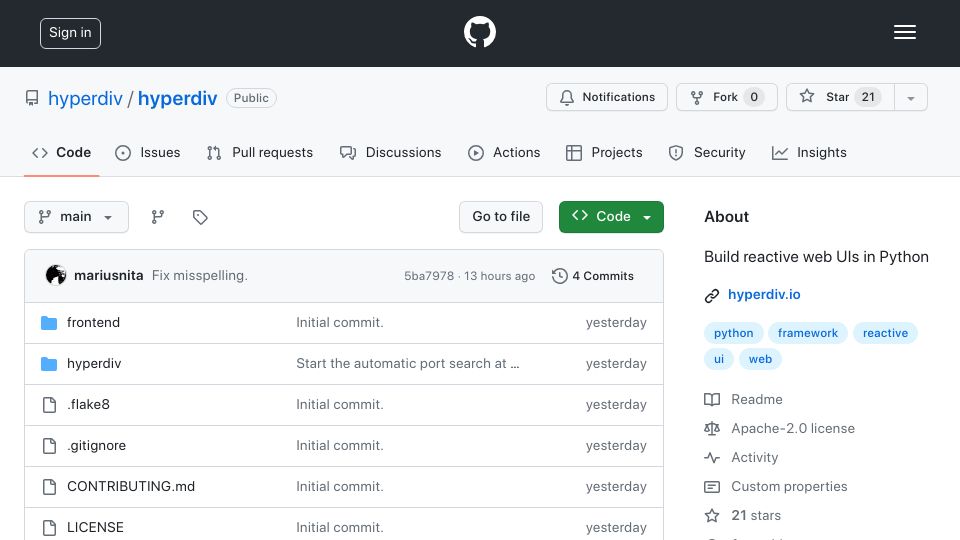 Screenshot of github.com: Show HN: Hyperdiv – Reactive, immediate-mode web UI framework for Python