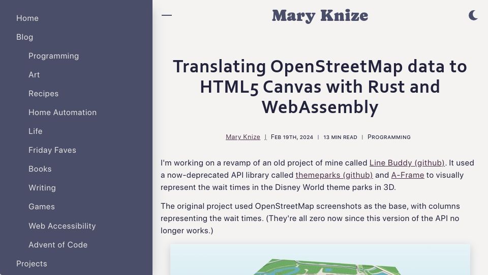 Screenshot of mary.codes: Translating OpenStreetMap data to HTML5 Canvas with Rust and WebAssembly