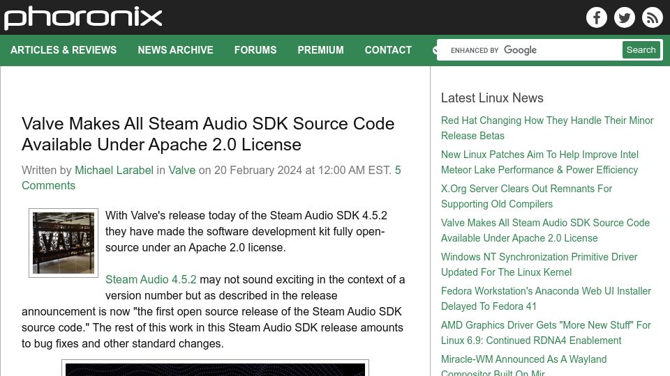Screenshot of phoronix.com: Valve Makes All Steam Audio SDK Source Code Available Under Apache 2.0 License