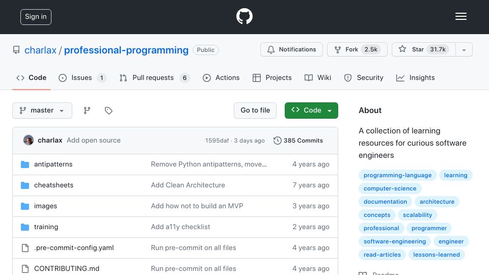 Screenshot of github.com: Learning resources for curious software engineers