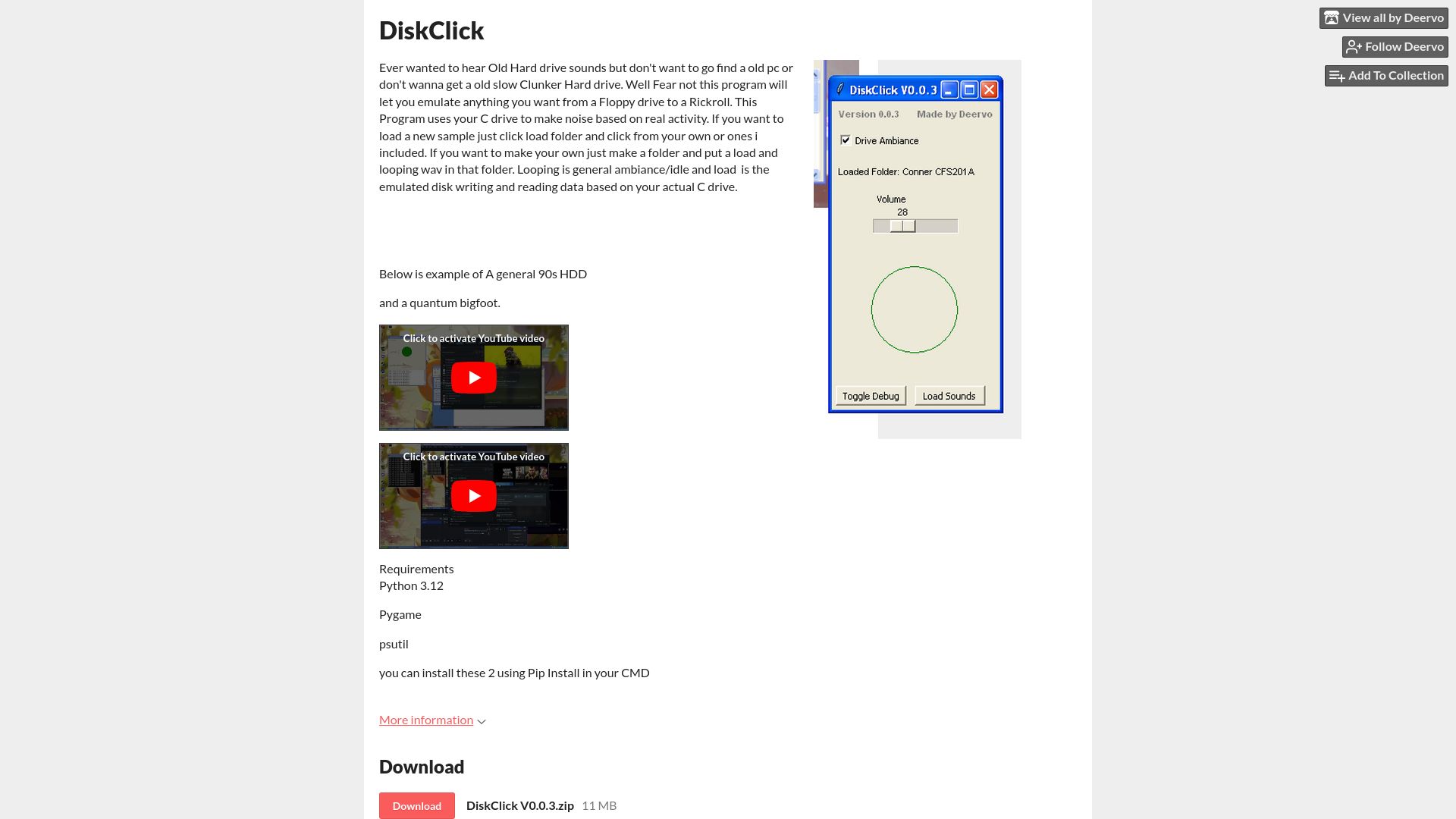 Screenshot of deervo.itch.io: DiskClick: Ever wanted to hear old hard drive sounds