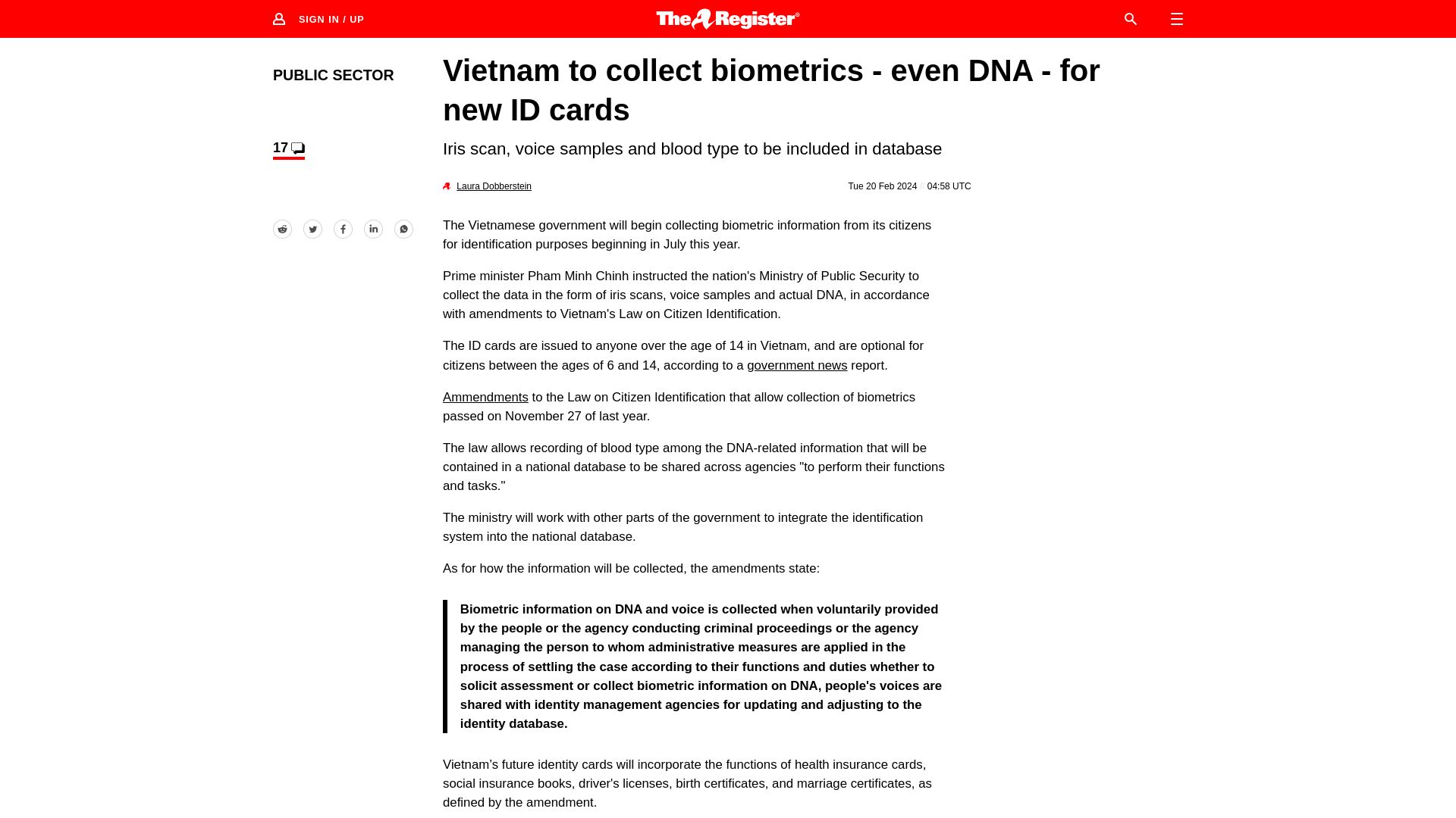 Screenshot of theregister.com: Vietnam to collect biometrics – even DNA – for new ID cards