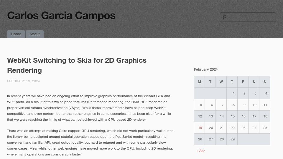 Screenshot of blogs.igalia.com: WebKit switching to Skia for 2d graphics rendering