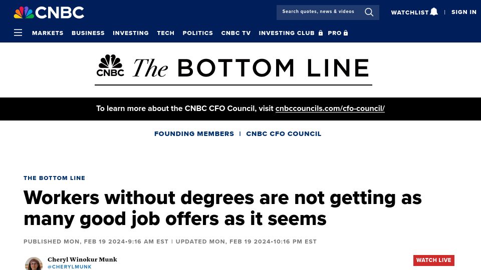 Screenshot of cnbc.com: Job posts for workers without degrees are booming, but not the hiring