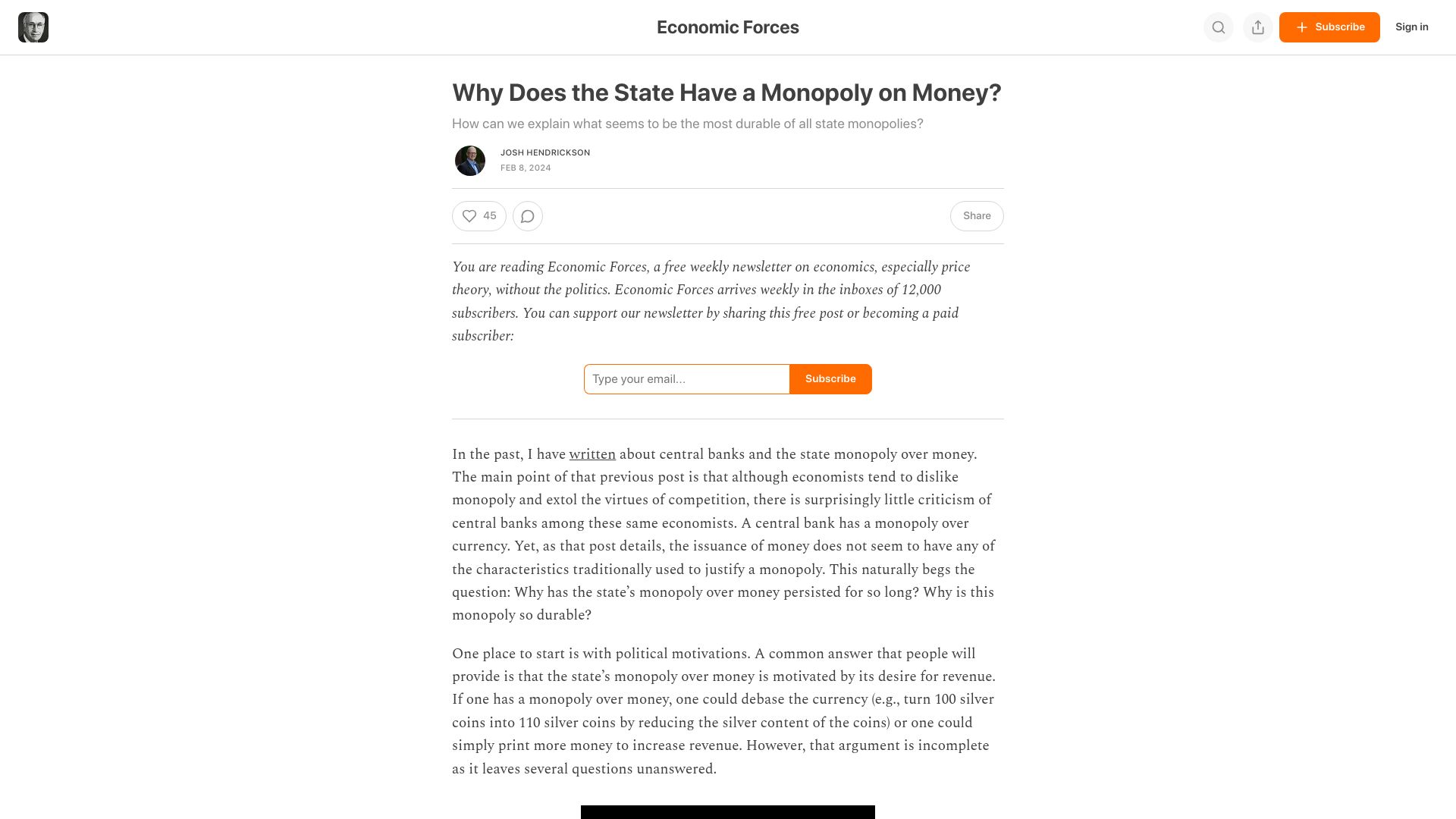Screenshot of economicforces.xyz: Why Does the State Have a Monopoly on Money?