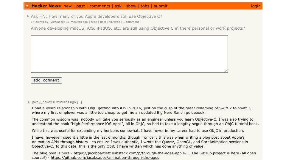 Screenshot of Hacker News post: Ask HN: How many of you Apple developers still use Objective C?